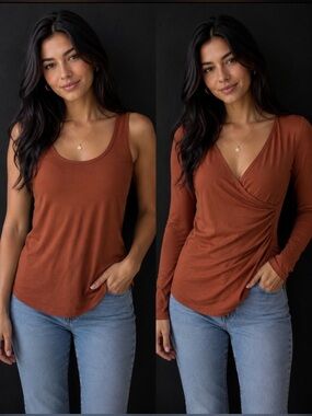 (2) TOPS,Mango Rust Wrap-Front Long Sleeve Top, tank top, both sm,PTP 17-18 NWOT